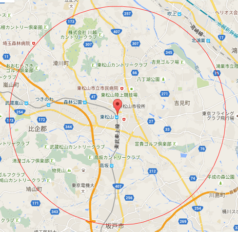 東松山駅を中心に半径８kmを表した地図画像
